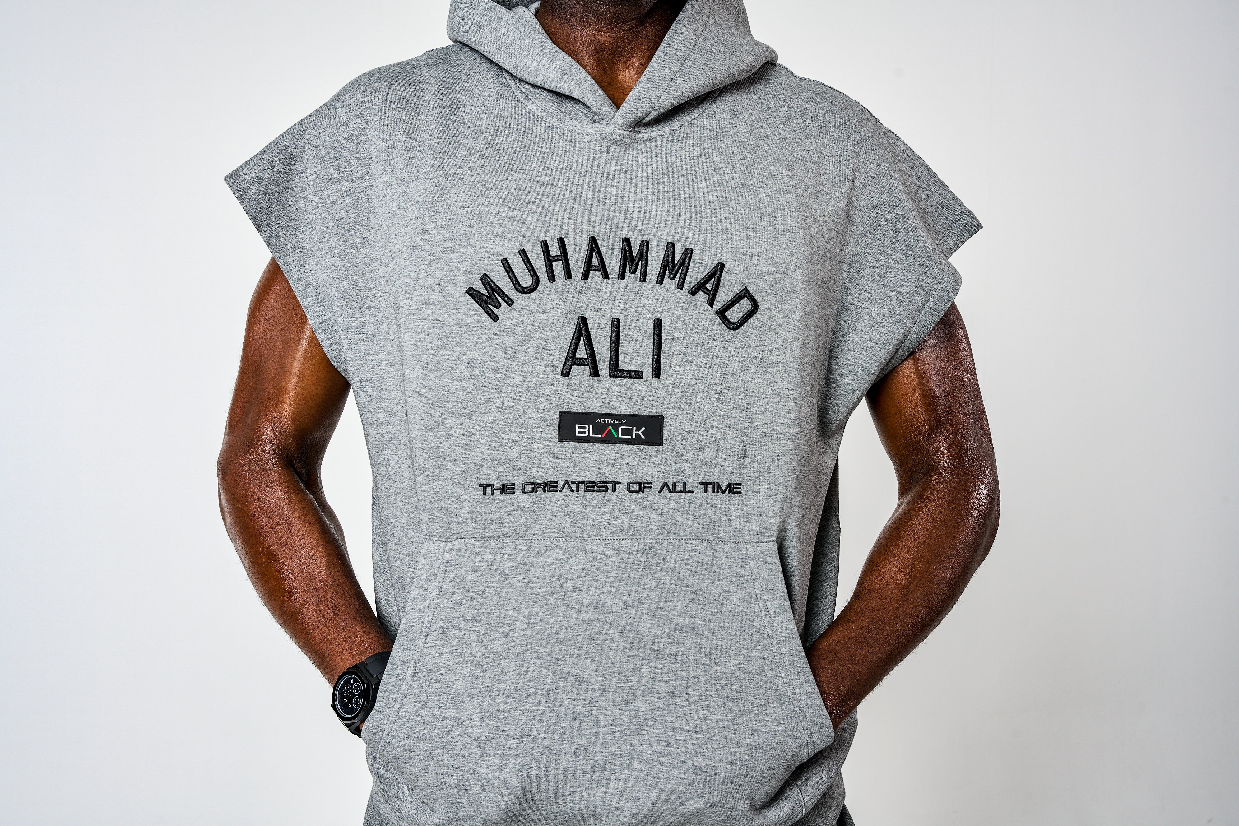 Men's Ali x Actively Black Cap Sleeve Hoodie - Image 6